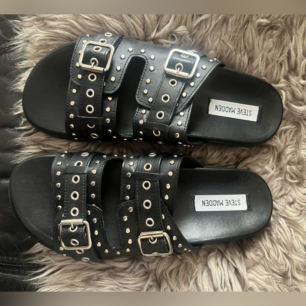 Steve Madden Black Buckle Studded Sandals - Picture 2 of 5